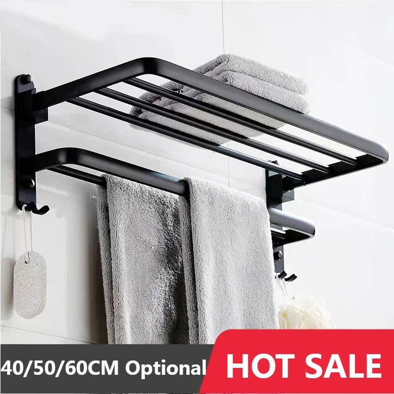 40/50/60CM Double Layer Towel Rack Black Non Drilling Movable Wall Mounted Bracket Aluminum Shower Rack Bathroom Accessories Fresh Style