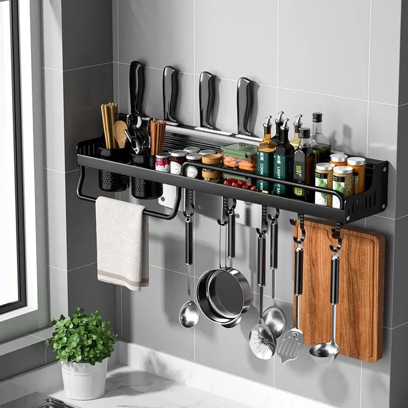 Kitchen Shelf Wall-mounted Spice Storage Racks Punch-free Kitchen Knife Holder Wall Season Bottle Chopstick Tube Shelf Organizer Fresh Style