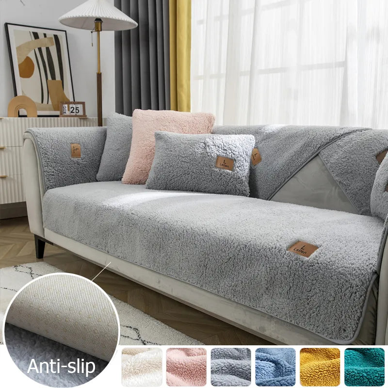 Modern Solid Color Winter Lamb Wool Sofa Towel Thicken Plush Soft And Smooth Sofa Covers For Living Room Anti-slip Couch Cover99